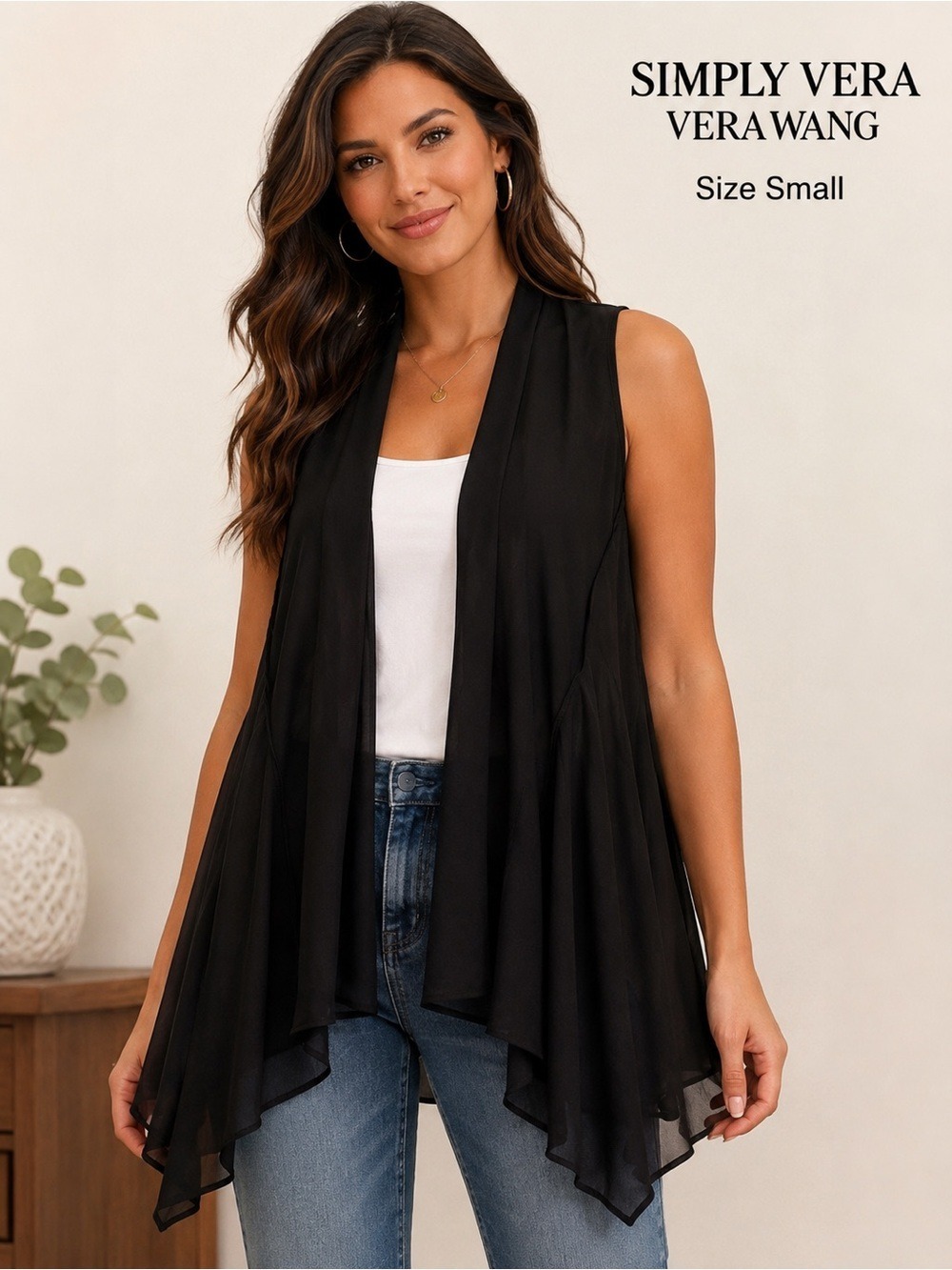 Simply Vera Vera Wang Black Waterfall Vest Size Small NWT Sheer Draped Layering
